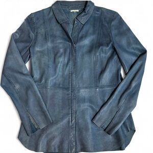 Vintage 90’s Blue Leather Tailored Grunge Y2K Jacket – ECRU – Small